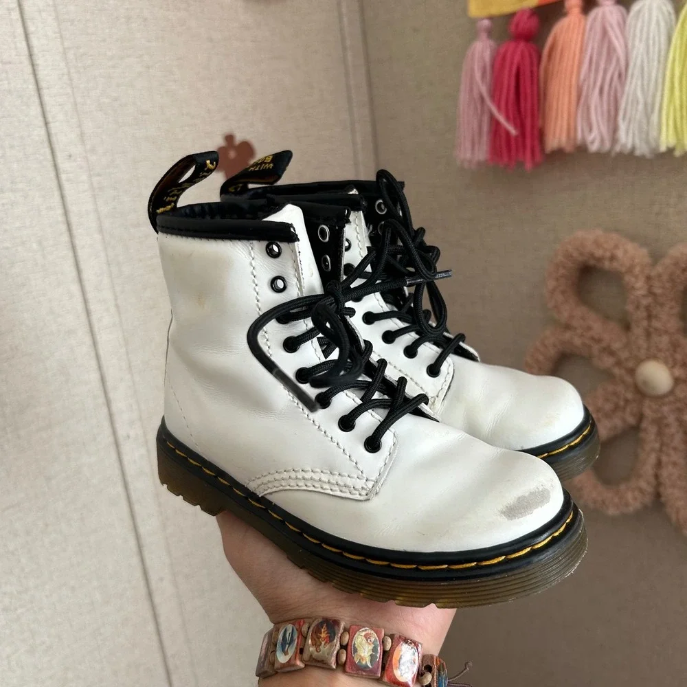 Dr. Martens Delaney Kids White Leather  Combat Boots